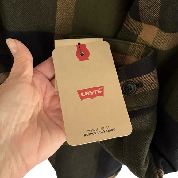 Levi’s Green Plaid Cotton Shirt Jacket With Hoodie Medium